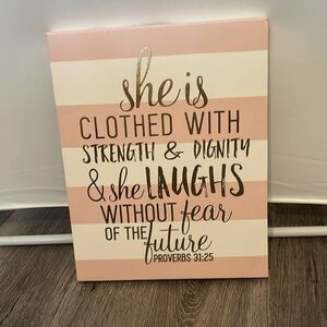 Proverbs 31:25 striped canvas wall decor